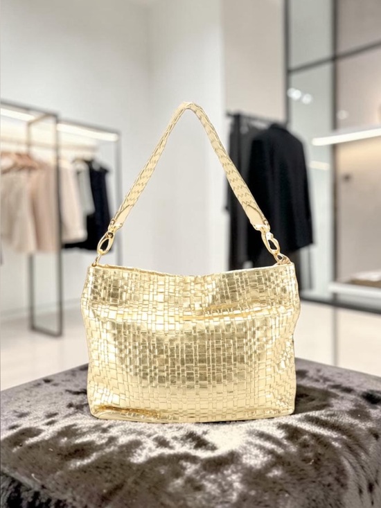 Elliot Lucca Handbags - Elliott Lucca Gold Woven Metallic Hobo Bag Leather Shoulder Purse Boho Chic